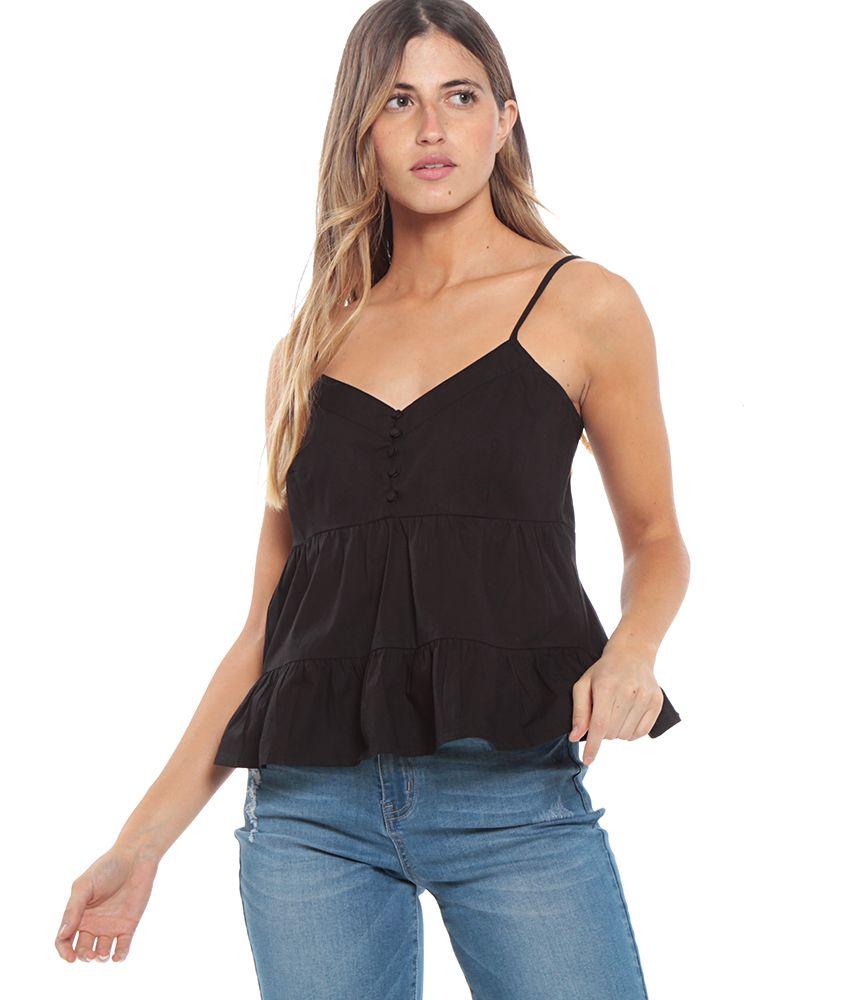 Blusa Con Volantes Detalle De Botones Espalda Elasticada-0