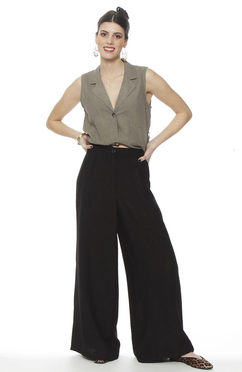 Pantalon Wide Leg Tiro Alto Pretina  Basica 1 Boton-3