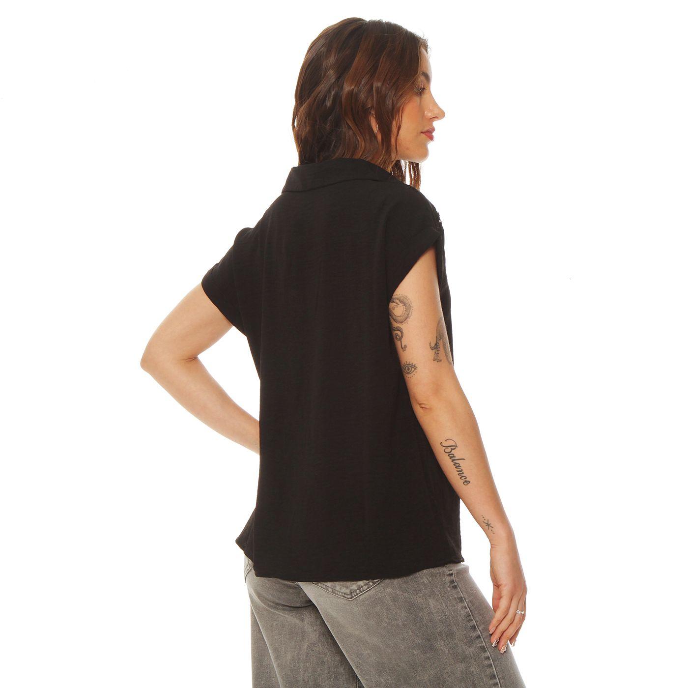 Blusa Manga Corta Solida   Escote V Con Cuello-3
