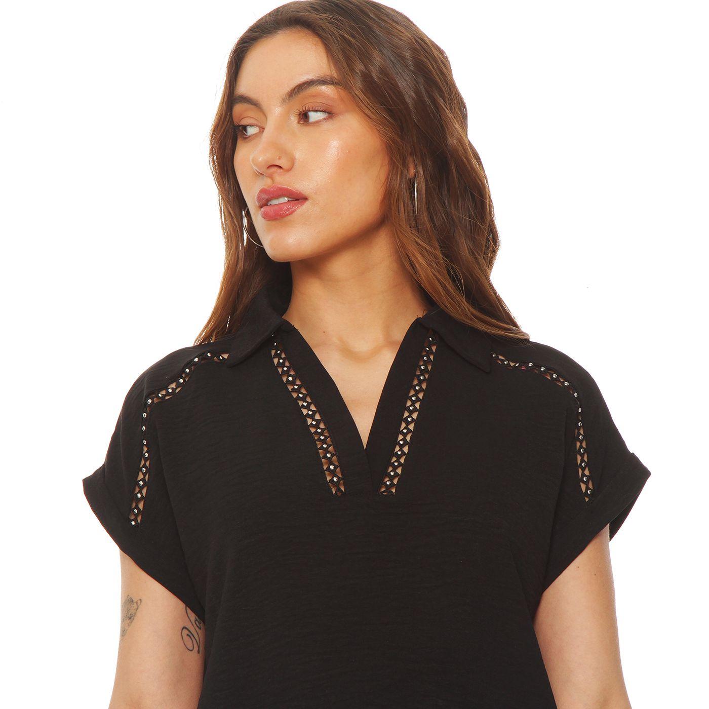 Blusa Manga Corta Solida   Escote V Con Cuello-5