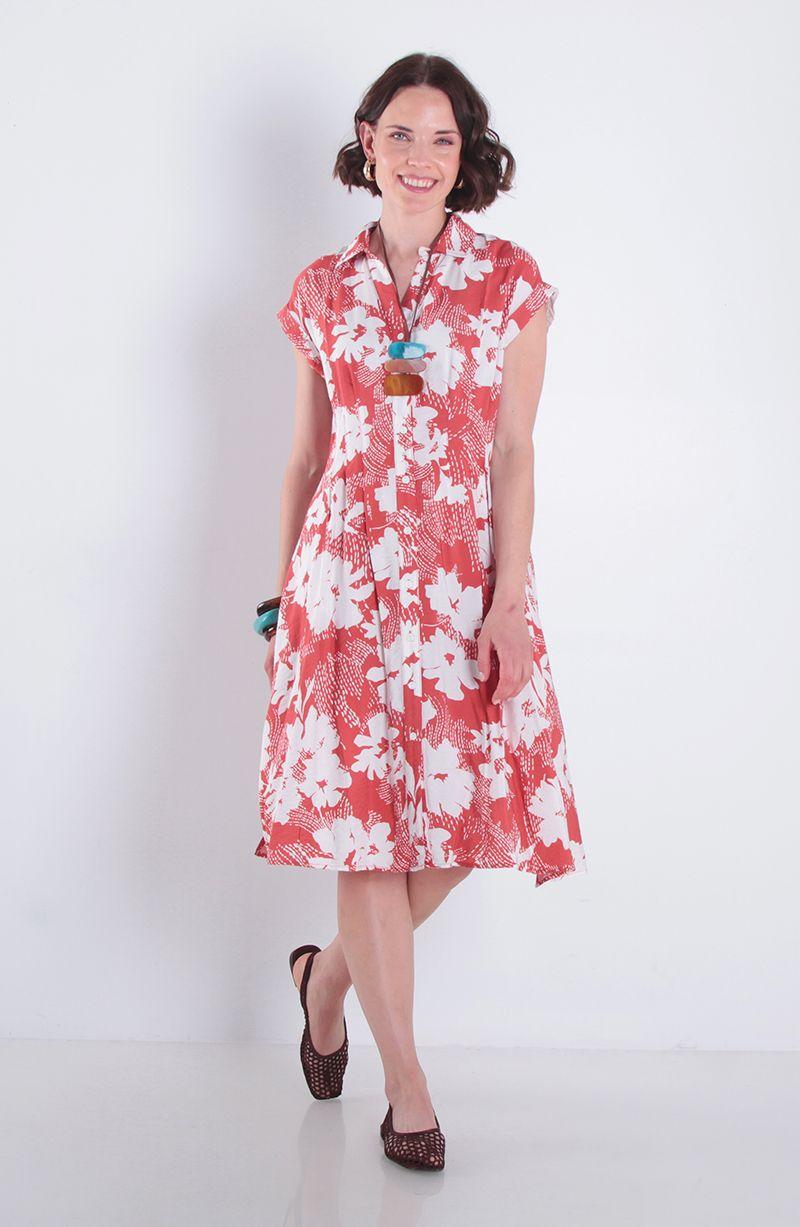 Vestido Estampado Manga Corta Abotonado En Delantero Escote V-0