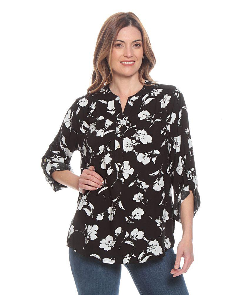 Blusa Manga Larga Ajustable Estampada Escote Con Botones-2