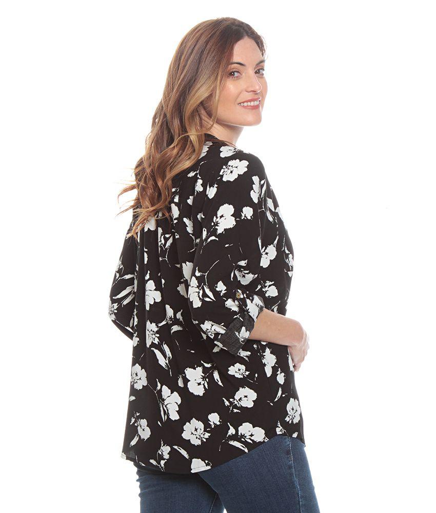 Blusa Manga Larga Ajustable Estampada Escote Con Botones-1