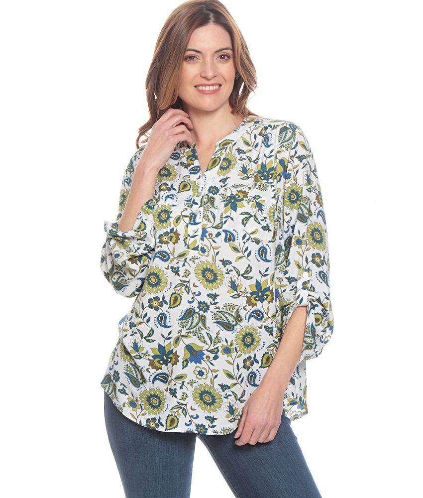 Blusa Manga Larga Ajustable Estampada Escote Con Botones-0