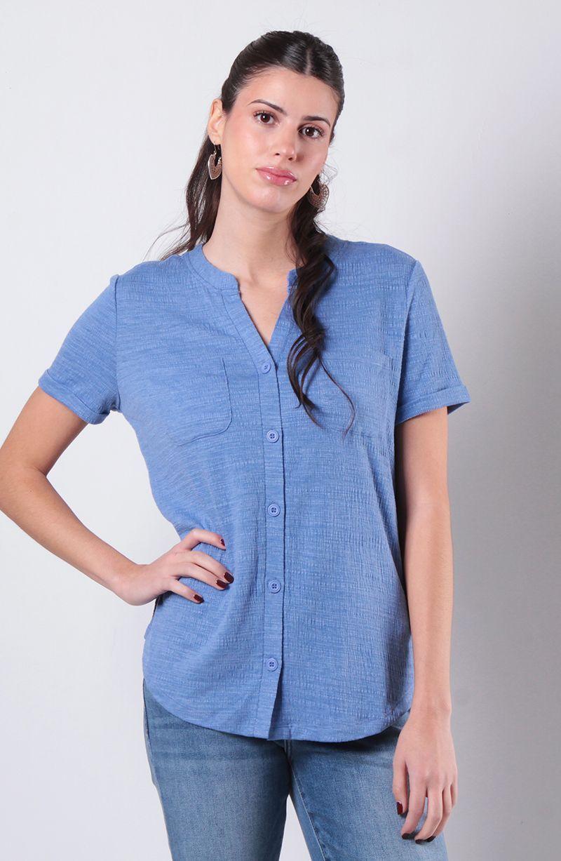 Blusa Manga Corta Abotonada En Delantero Con Bolsillo Escote V-0