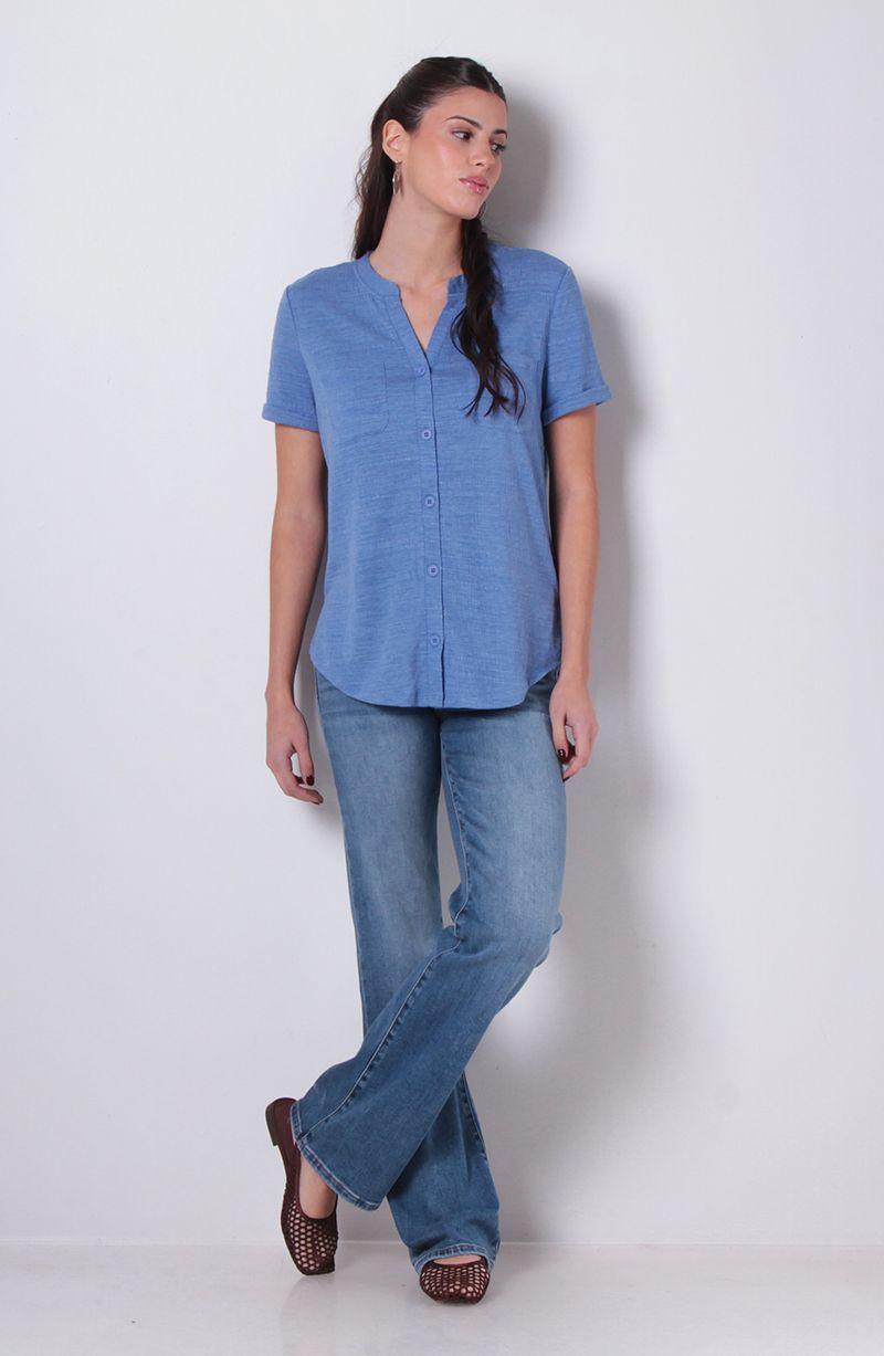 Blusa Manga Corta Abotonada En Delantero Con Bolsillo Escote V-4
