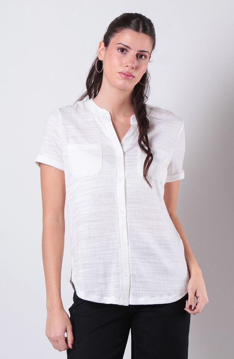 Blusa Manga Corta Abotonada En Delantero Con Bolsillo Escote V-0