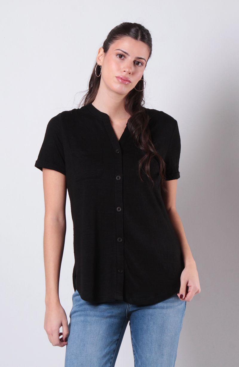 Blusa Manga Corta Abotonada En Delantero Con Bolsillo Escote V-0