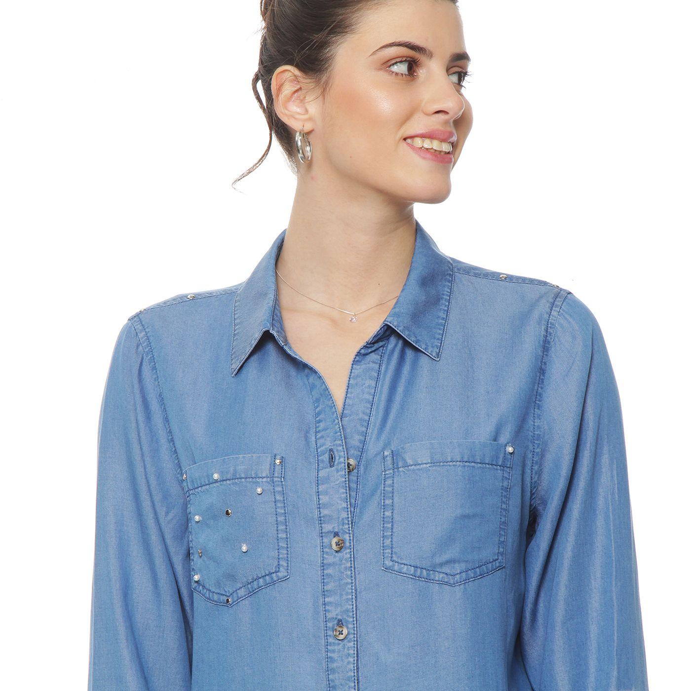 Blusa Denim Cuello Camisero Aplicacion Tachas Y Perlas-3