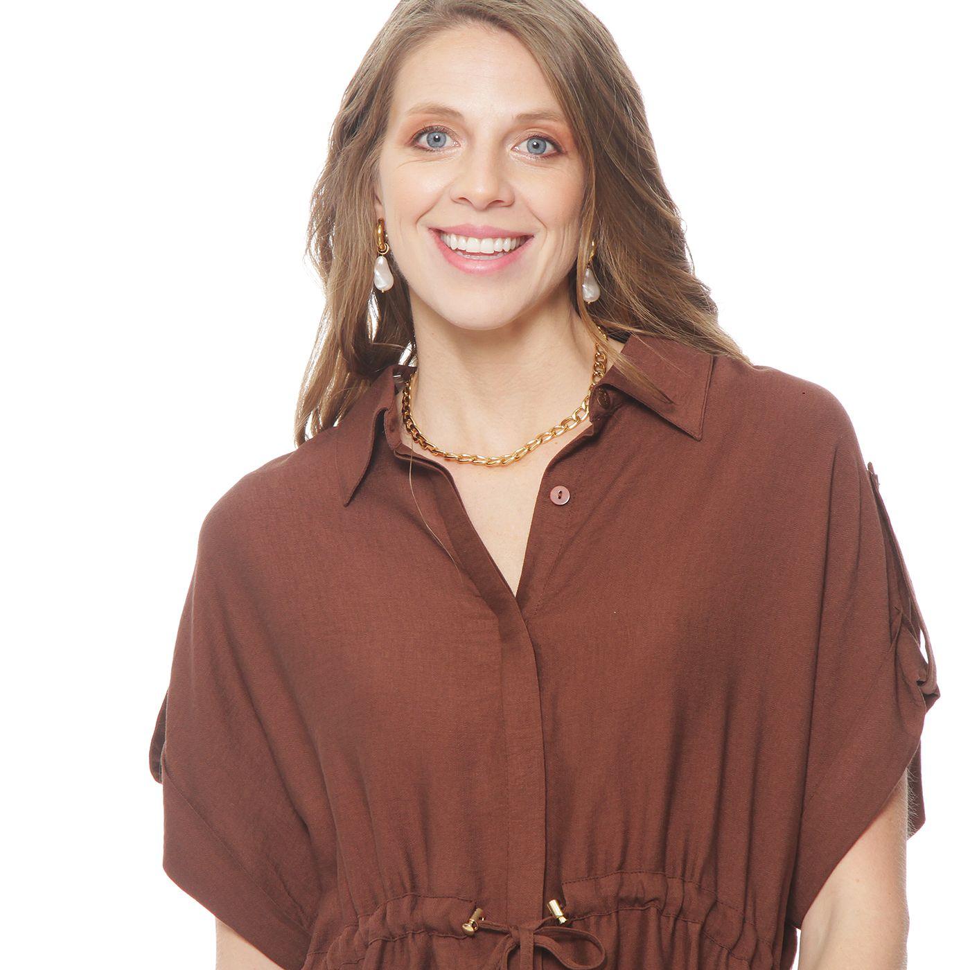 Blusa  Safari Manga  Corta Con Cuello Y Cintura  Ajustada-2