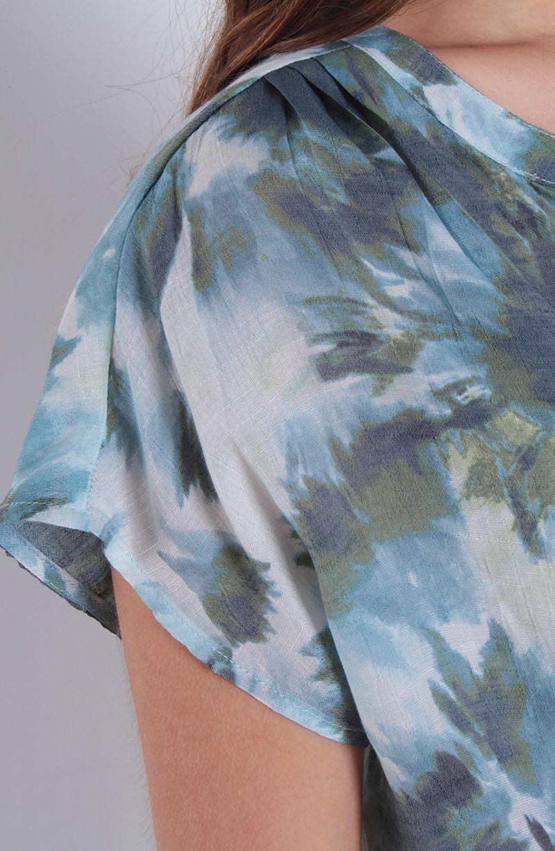 Blusa Estampada Manga Corta Cuello Mao Escote V Amarrada En Ruedo-3