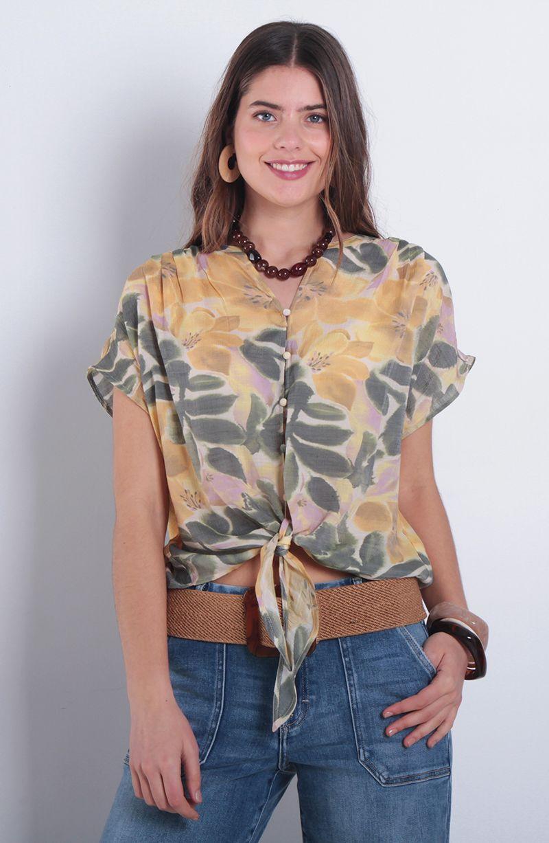 Blusa Estampada Manga Corta Cuello Mao Escote V Amarrada En Ruedo-0