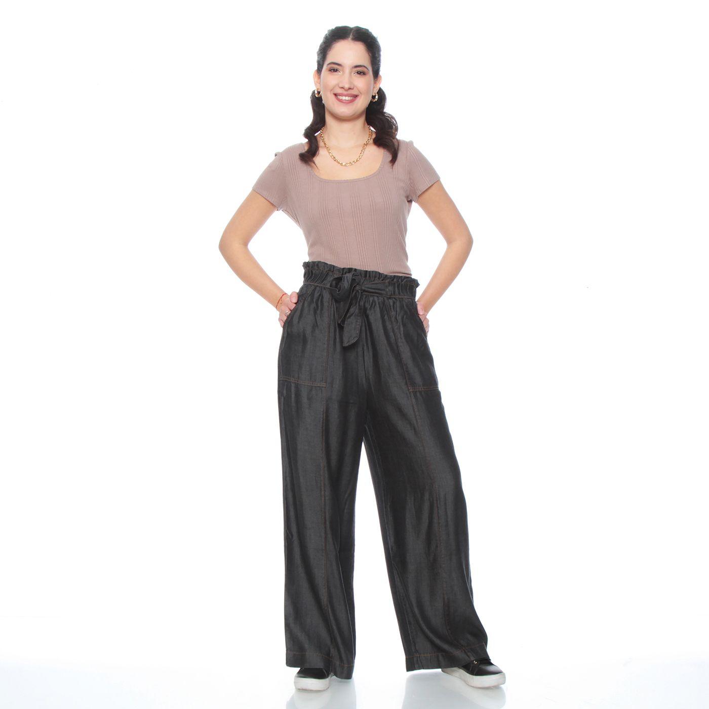 Pantalon Lyocell Wide Leg Tiro Alto Pretina Elasticada Con Lazo-3