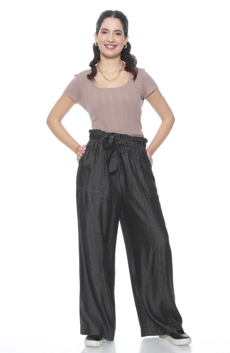 Pantalon Lyocell Wide Leg Tiro Alto Pretina Elasticada Con Lazo-2