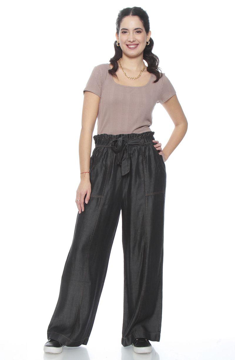 Pantalon Lyocell Wide Leg Tiro Alto Pretina Elasticada Con Lazo-4