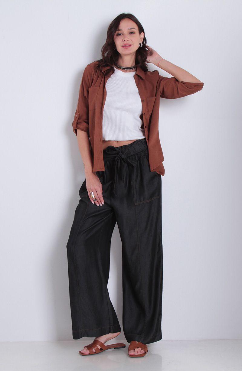 Pantalon Lyocell Wide Leg Tiro Alto Pretina Elasticada Con Lazo-3