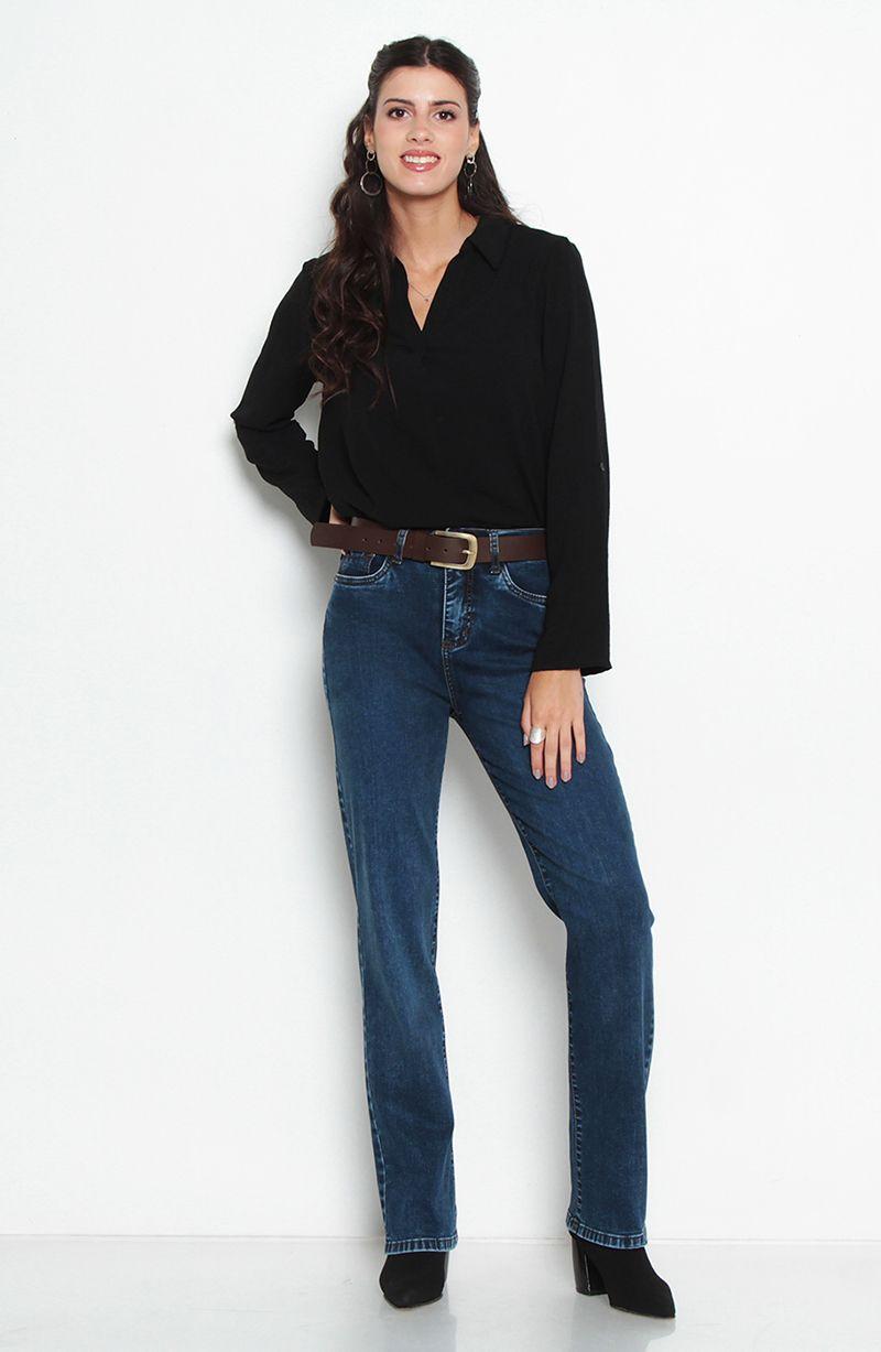 Jeans Basico Recto Tiro Alto Pretina Un Boton Bolsillo Bordado-7