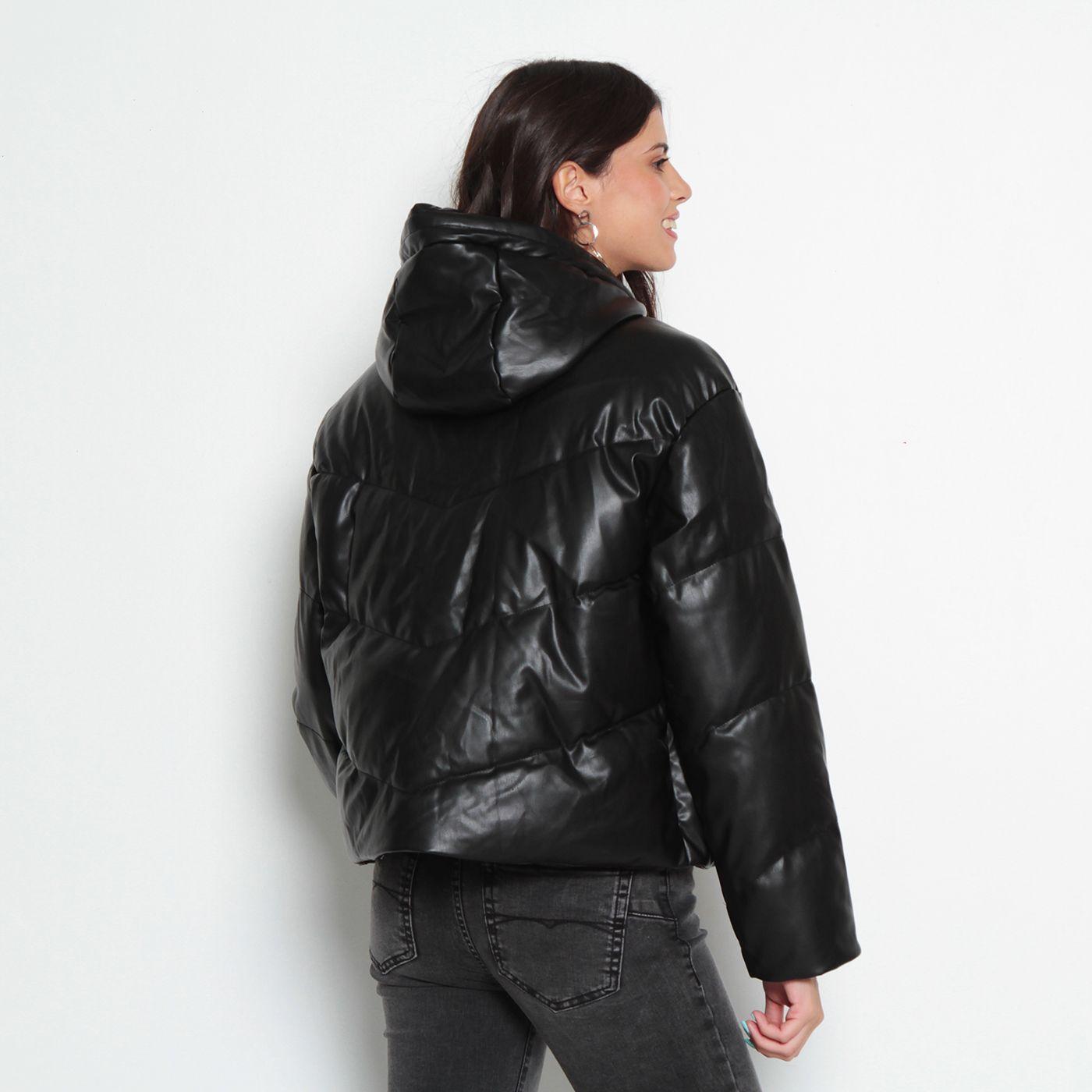 Parka Manga Larga Puffer Pu Con Capucha-6