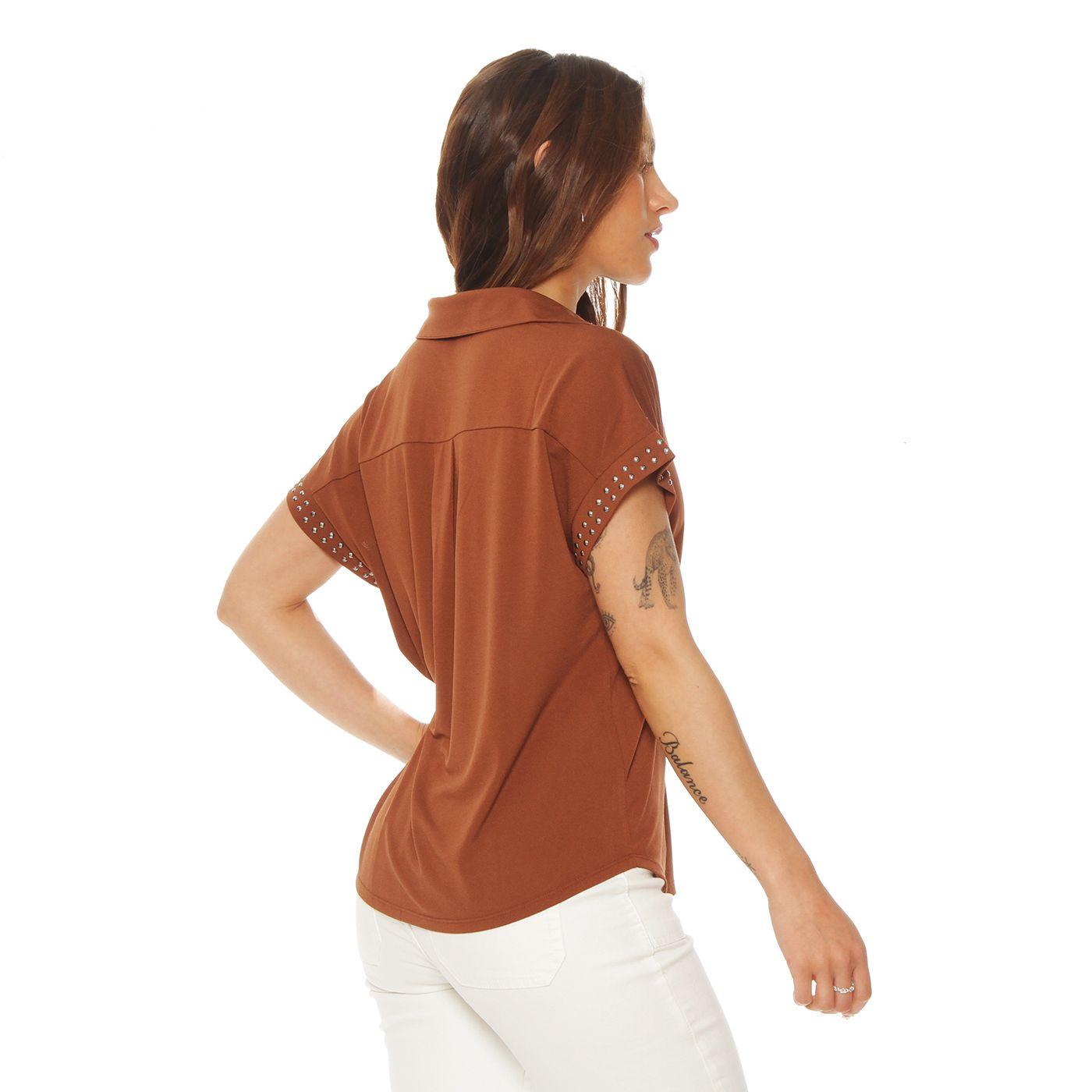 Blusa Manga Corta Abotonada En Delantero Y Aplicacion En Manga-3