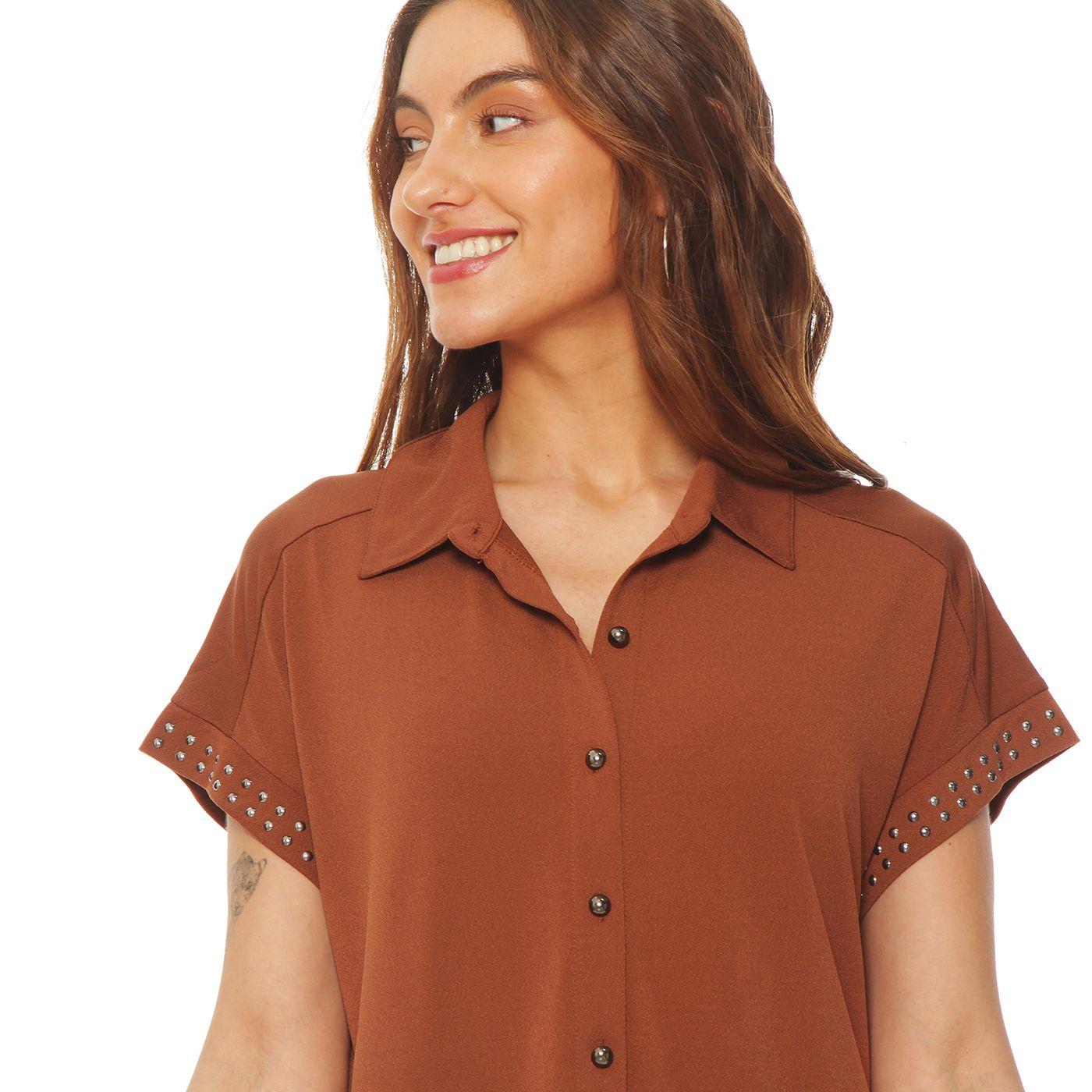 Blusa Manga Corta Abotonada En Delantero Y Aplicacion En Manga-4