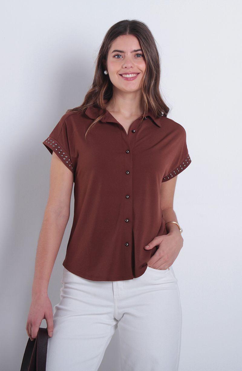 Blusa Manga Corta Abotonada En Delantero Y Aplicacion En Manga-0