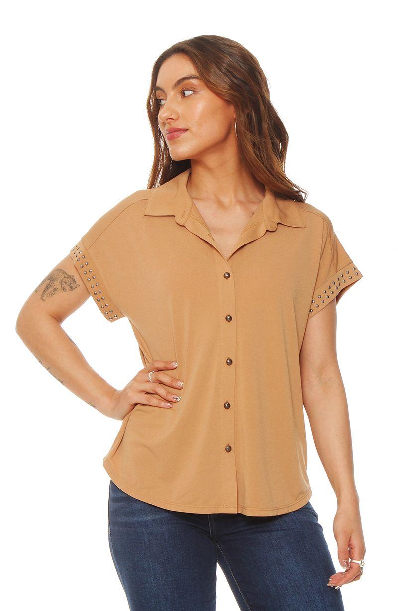 Blusa Manga Corta Abotonada En Delantero Y Aplicacion En Manga-0