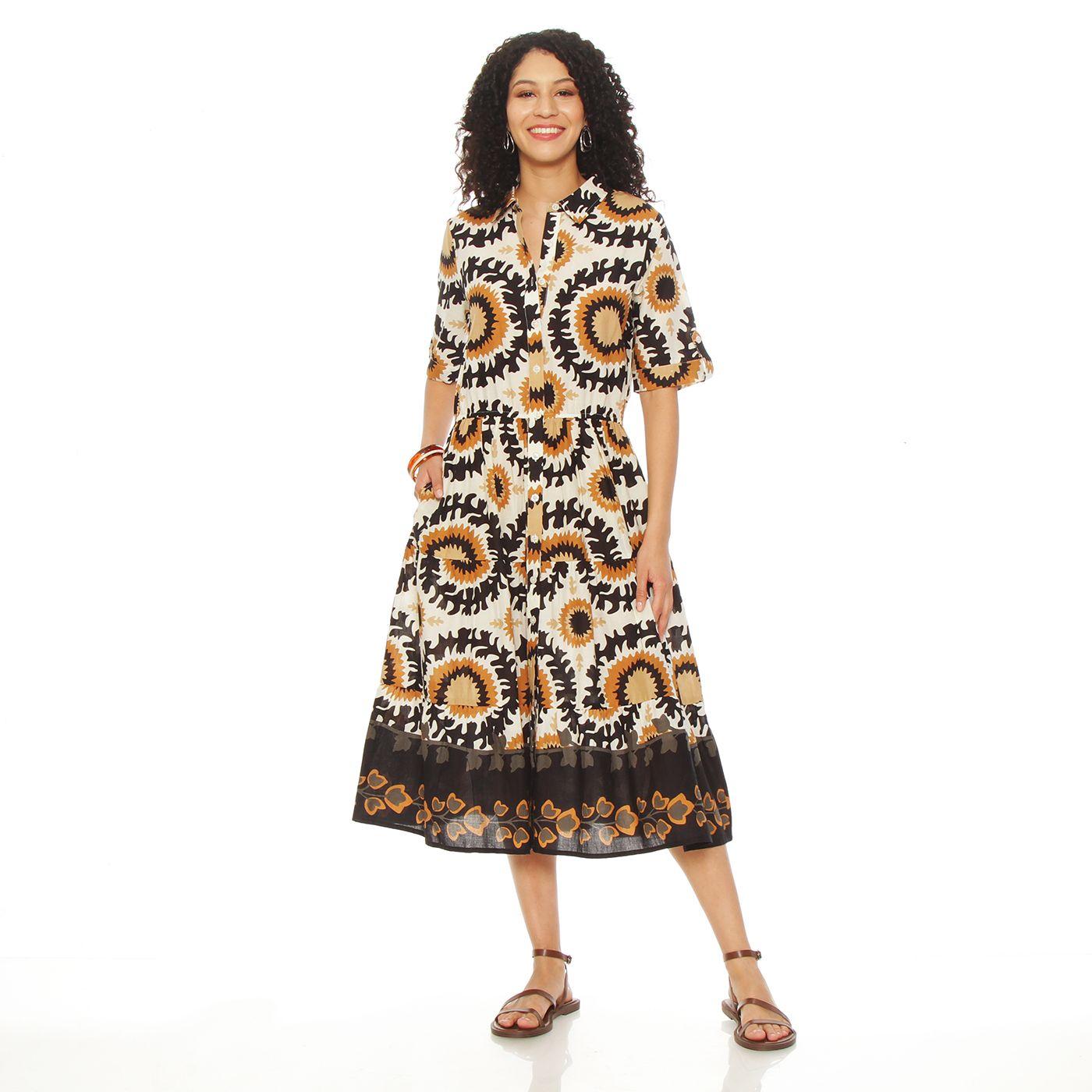 Vestido Estampado Manga Corta Abotonada En Delantero-2