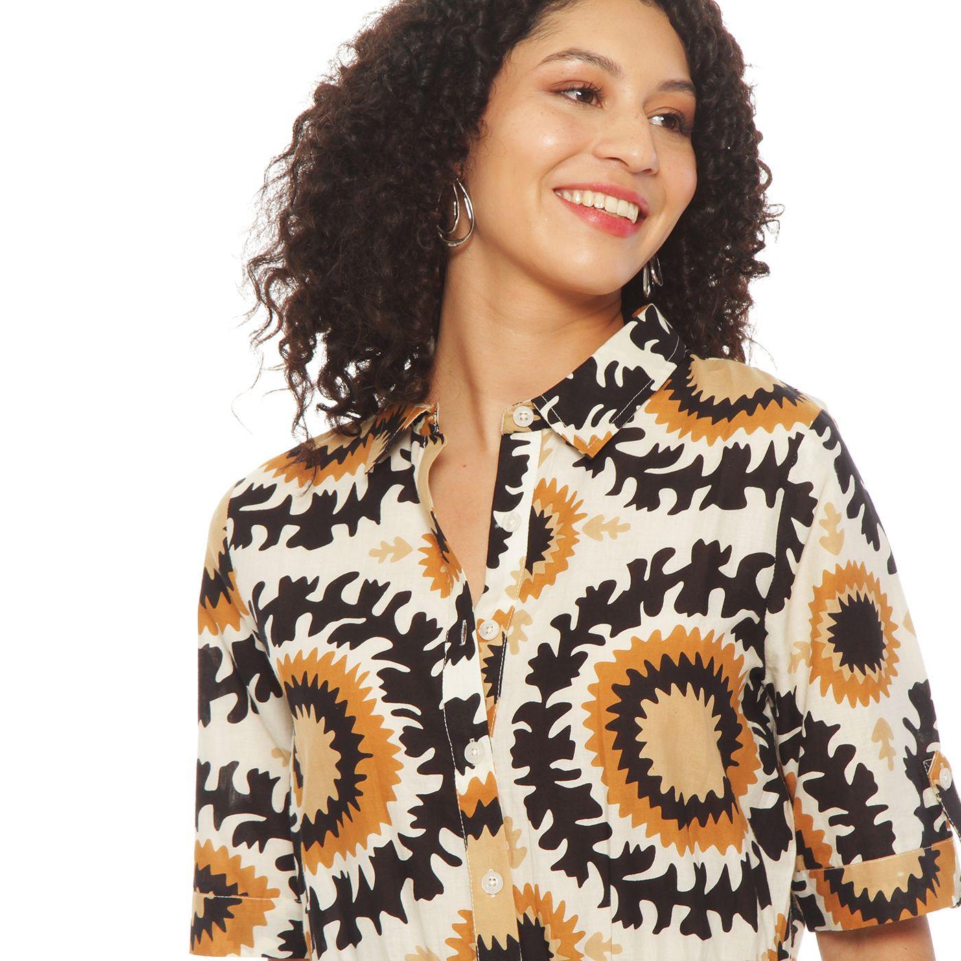 Vestido Estampado Manga Corta Abotonada En Delantero-3