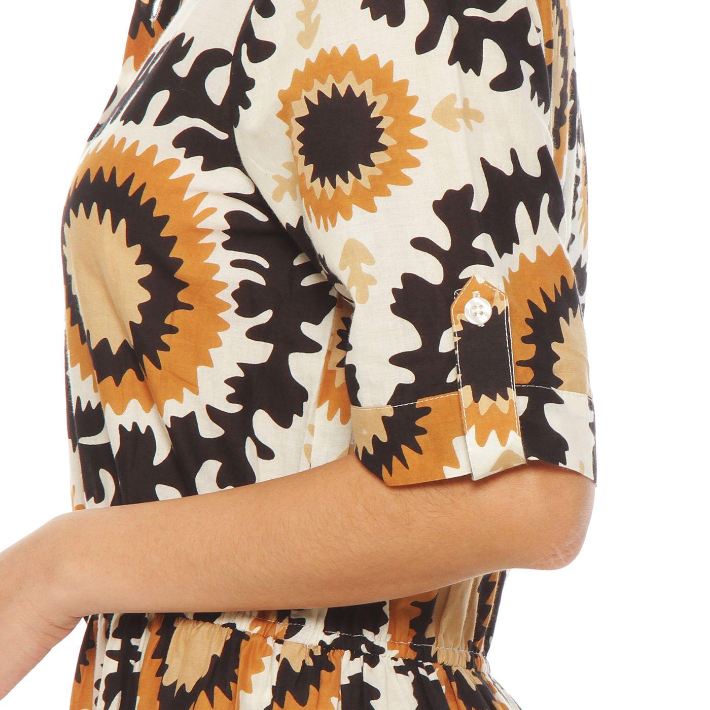 Vestido Estampado Manga Corta Abotonada En Delantero-4