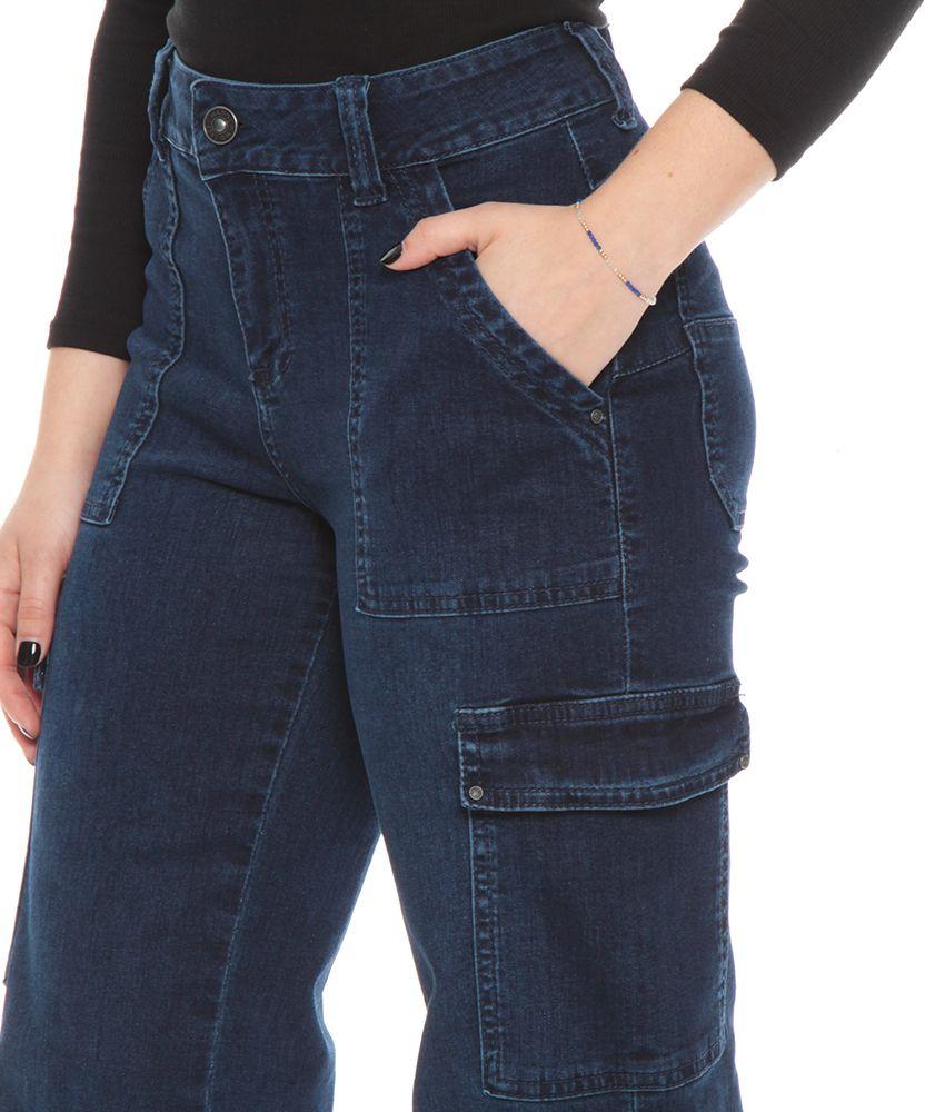 Jeans Cargo Recto Tiro Alto  Bolsillos Laterales Pretina Basica-2