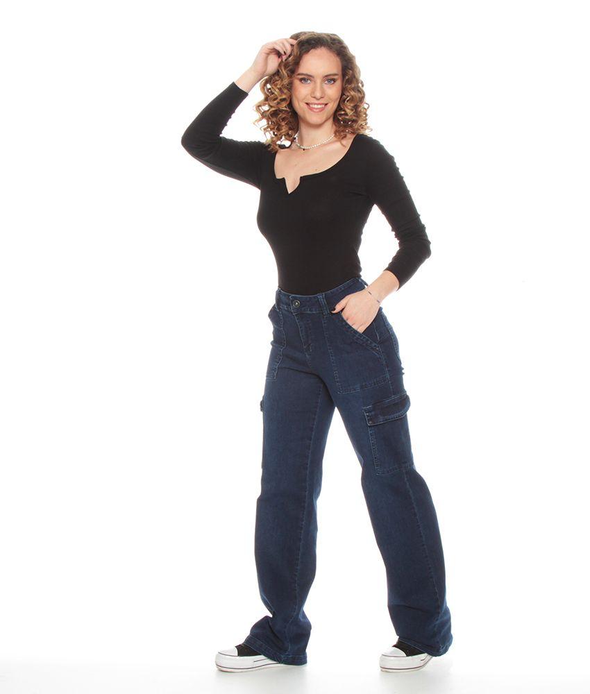 Jeans Cargo Recto Tiro Alto  Bolsillos Laterales Pretina Basica-3