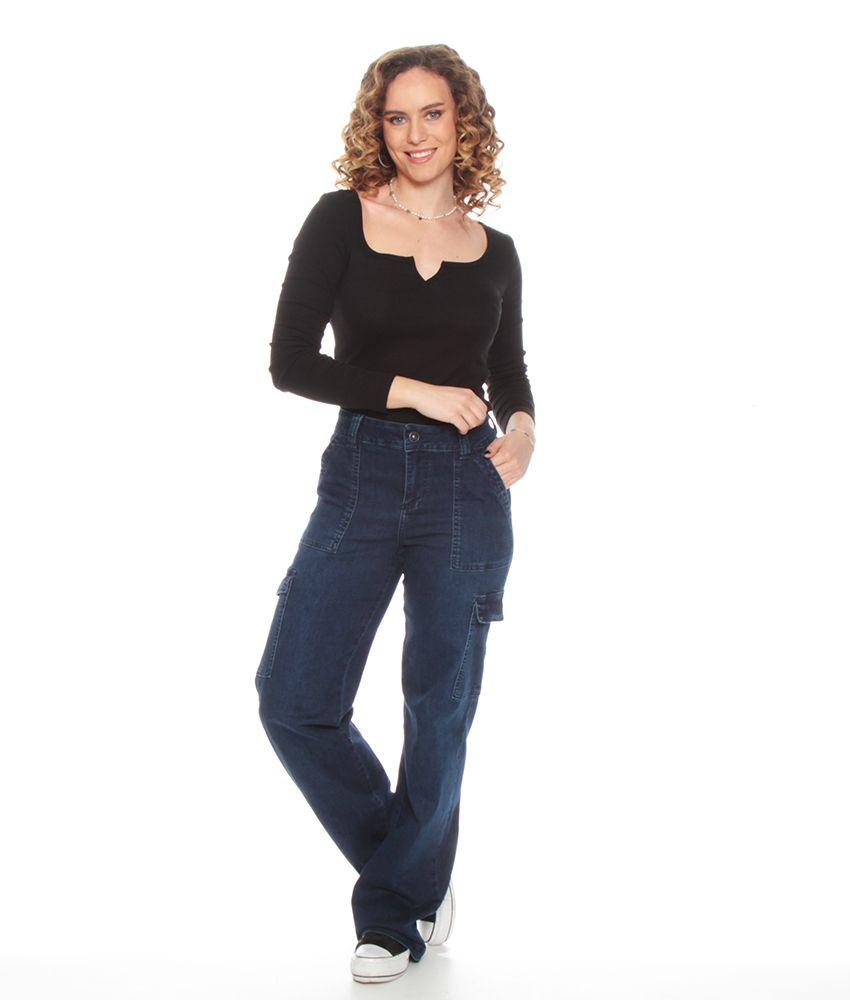 Jeans Cargo Recto Tiro Alto  Bolsillos Laterales Pretina Basica-4