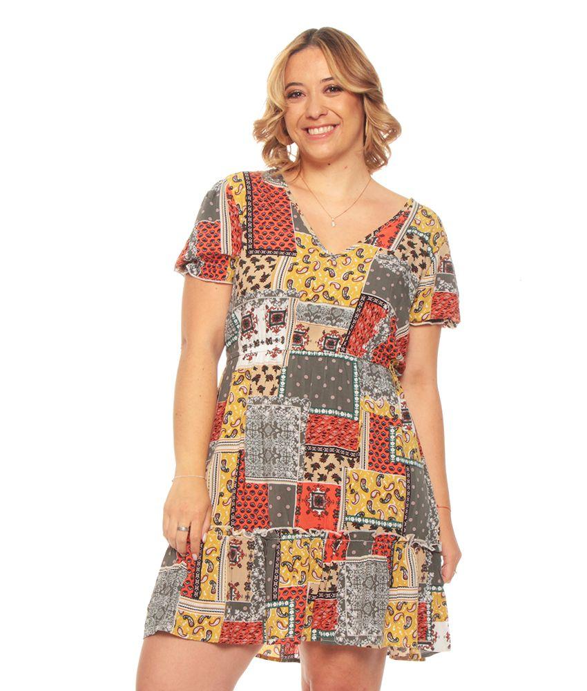 Vestido Manga Corta Elastico Estampado Escote V-0