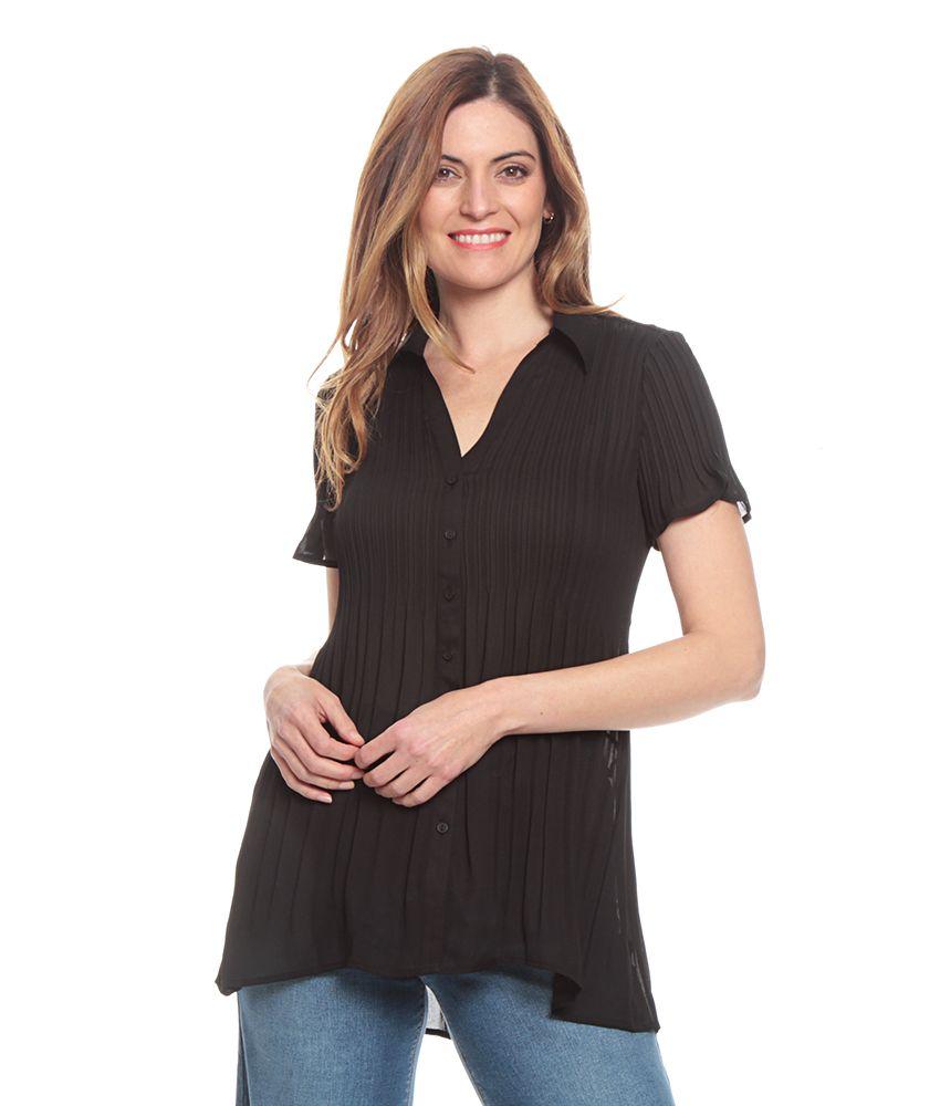 Blusa Plisada Con Manga Corta Cuello Camisero Abotonada-0