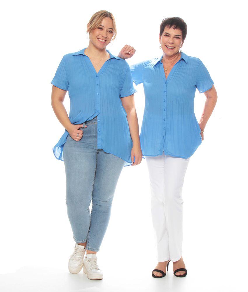 Blusa Plisada Con Manga Corta Cuello Camisero Abotonada-0