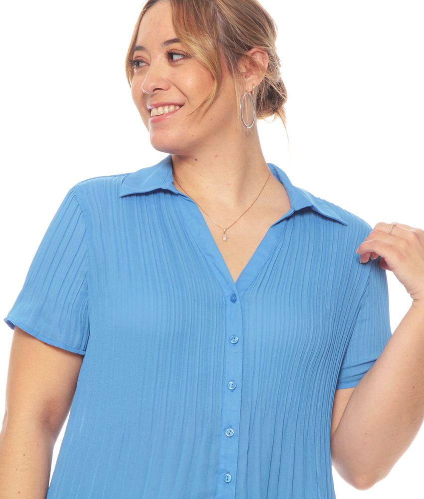 Blusa Plisada Con Manga Corta Cuello Camisero Abotonada-1