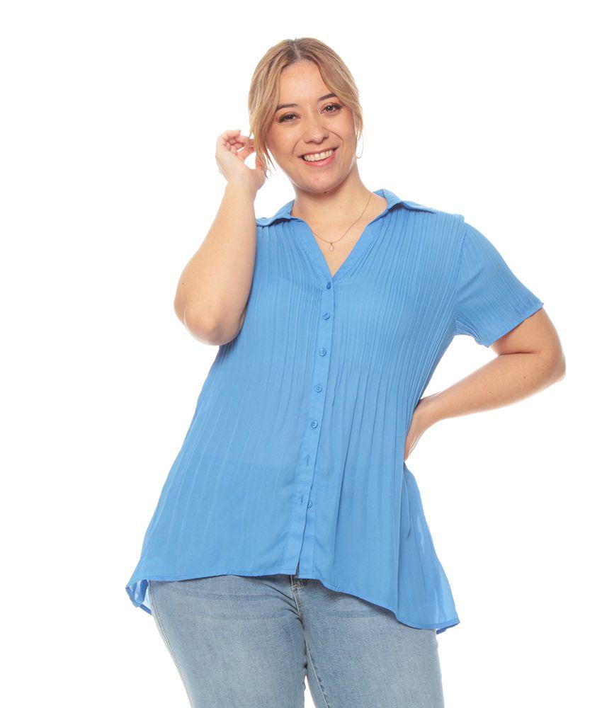 Blusa Plisada Con Manga Corta Cuello Camisero Abotonada-2
