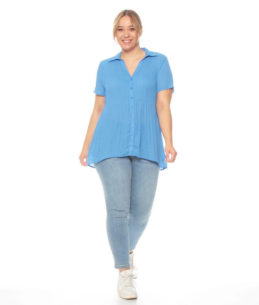 Blusa Plisada Con Manga Corta Cuello Camisero Abotonada-3