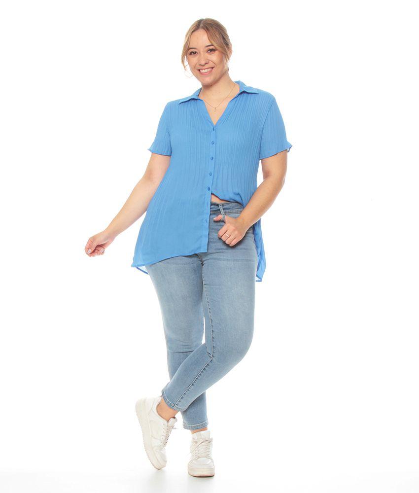 Blusa Plisada Con Manga Corta Cuello Camisero Abotonada-4
