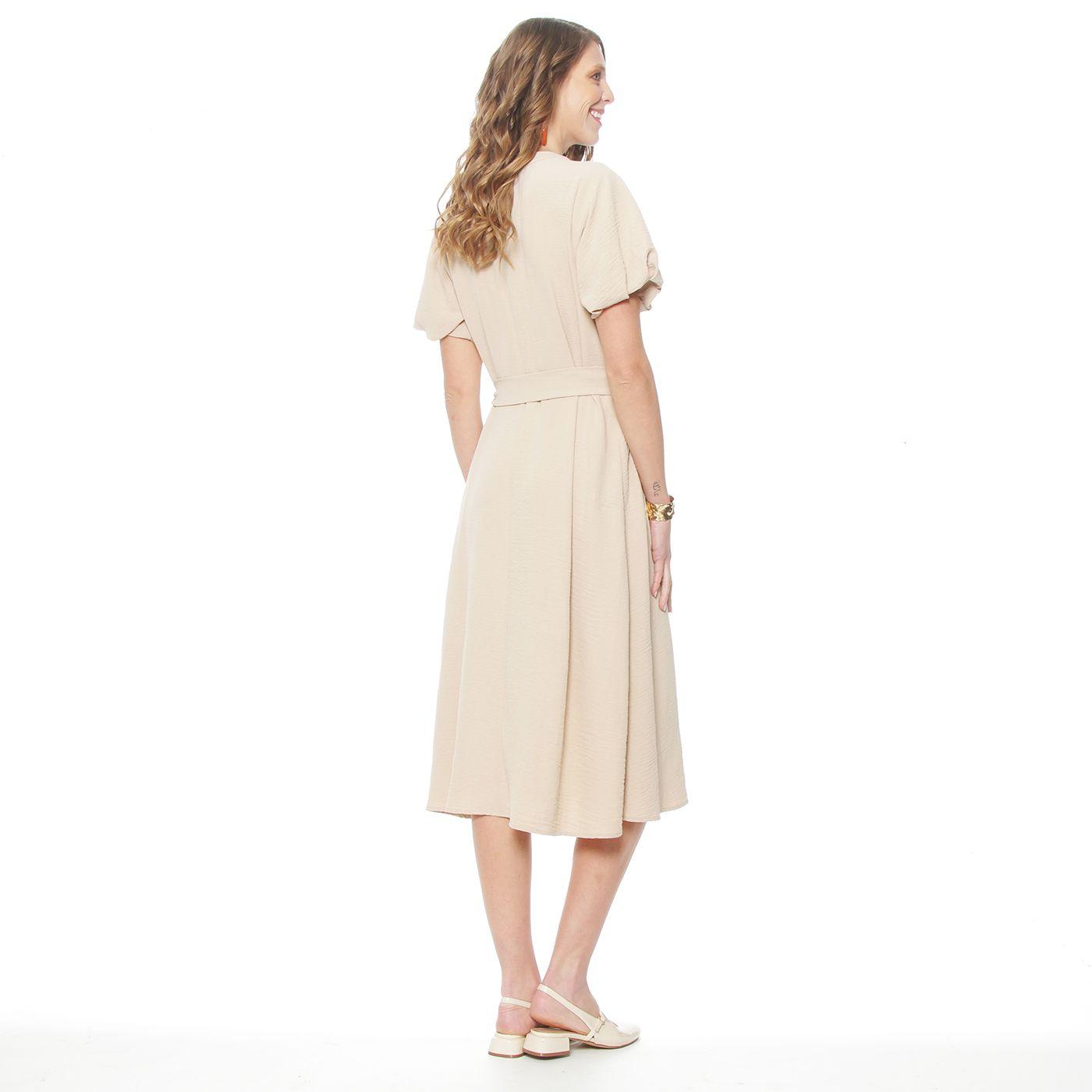 Vestido Manga Corta Solido Escote V Con Lazo En Cintura Y Bolsillos-1