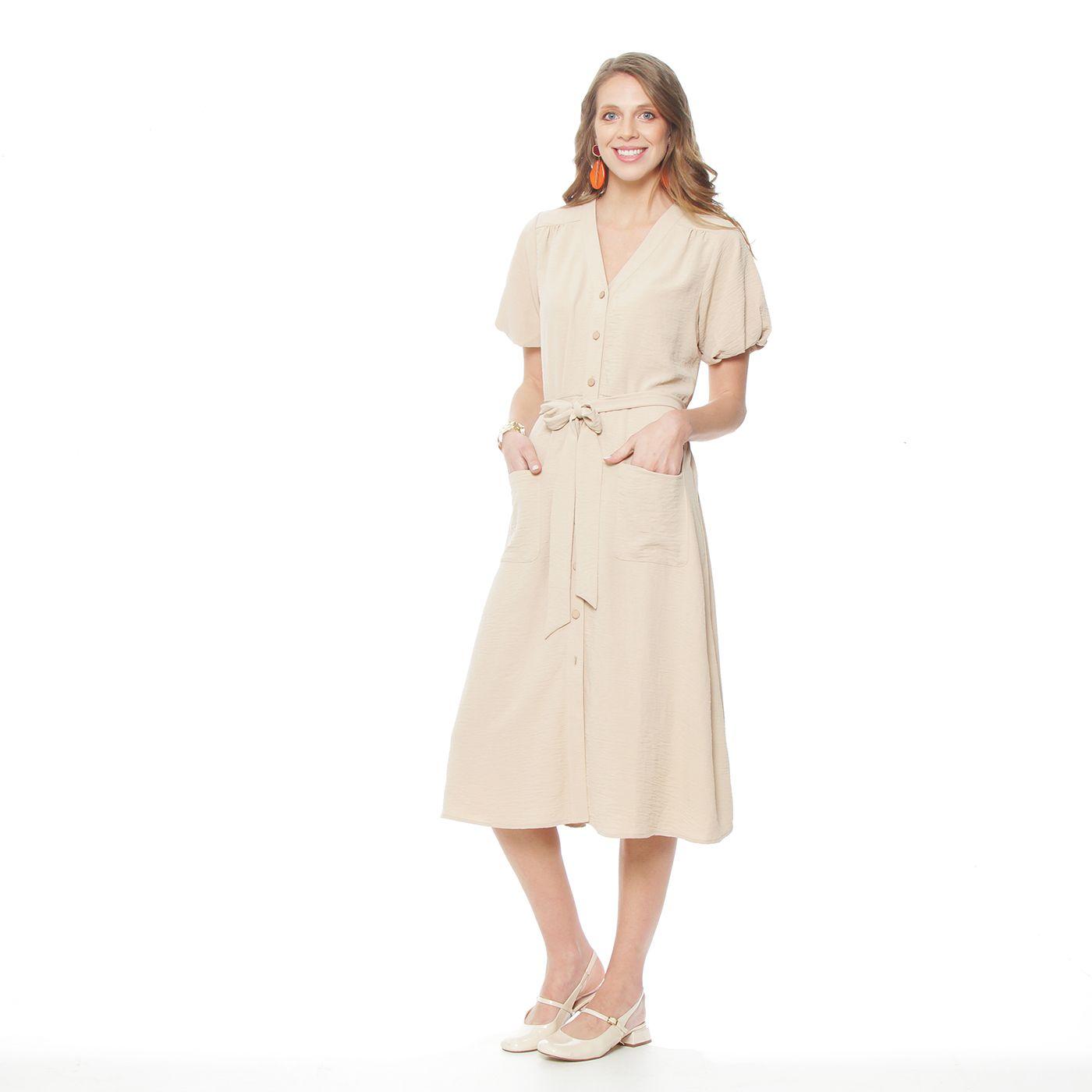 Vestido Manga Corta Solido Escote V Con Lazo En Cintura Y Bolsillos-2