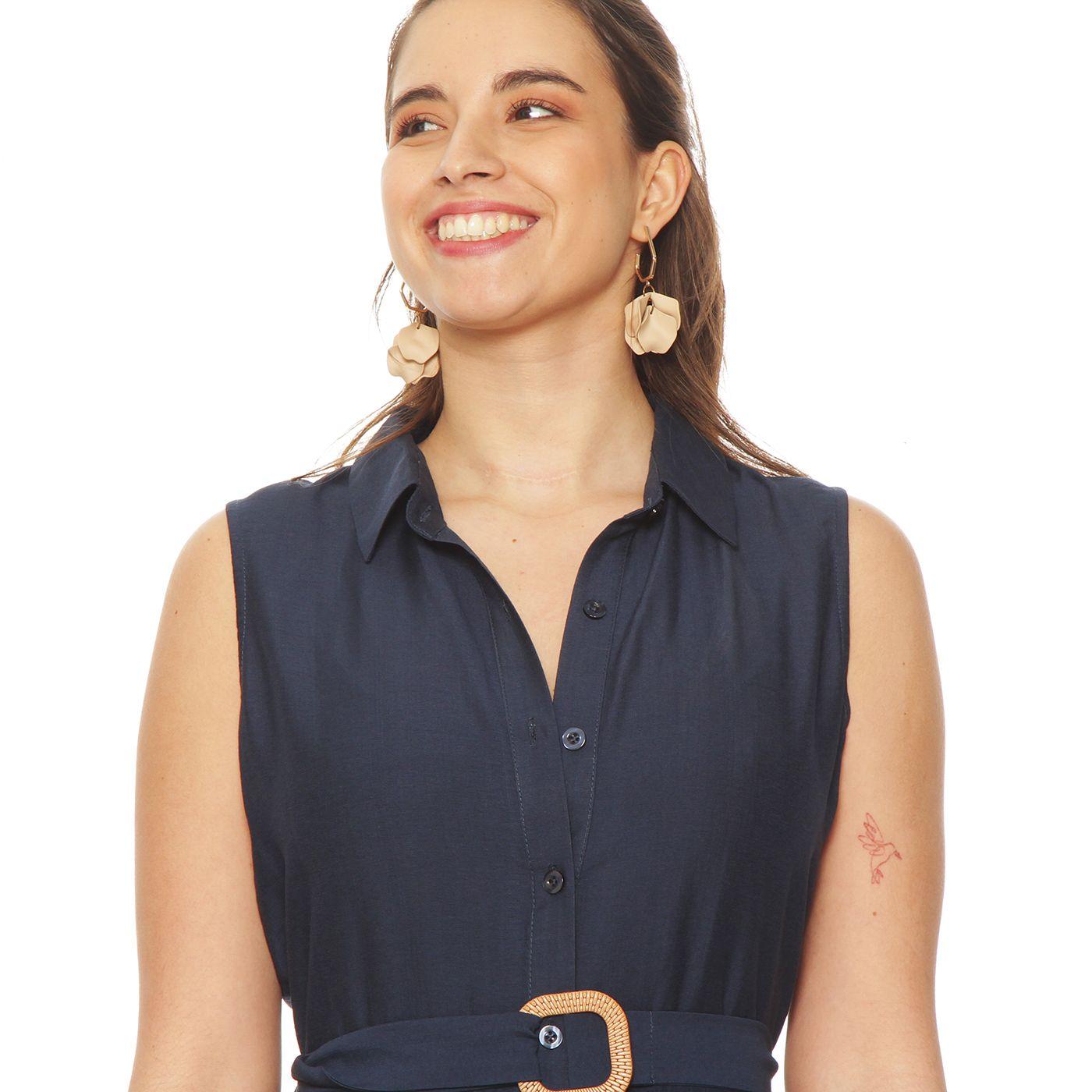 Vestido Sin Manga Abotonado En Delantero Con Lazo En Cintura-3