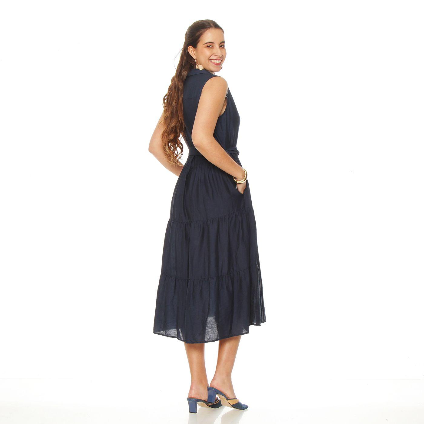 Vestido Sin Manga Abotonado En Delantero Con Lazo En Cintura-5