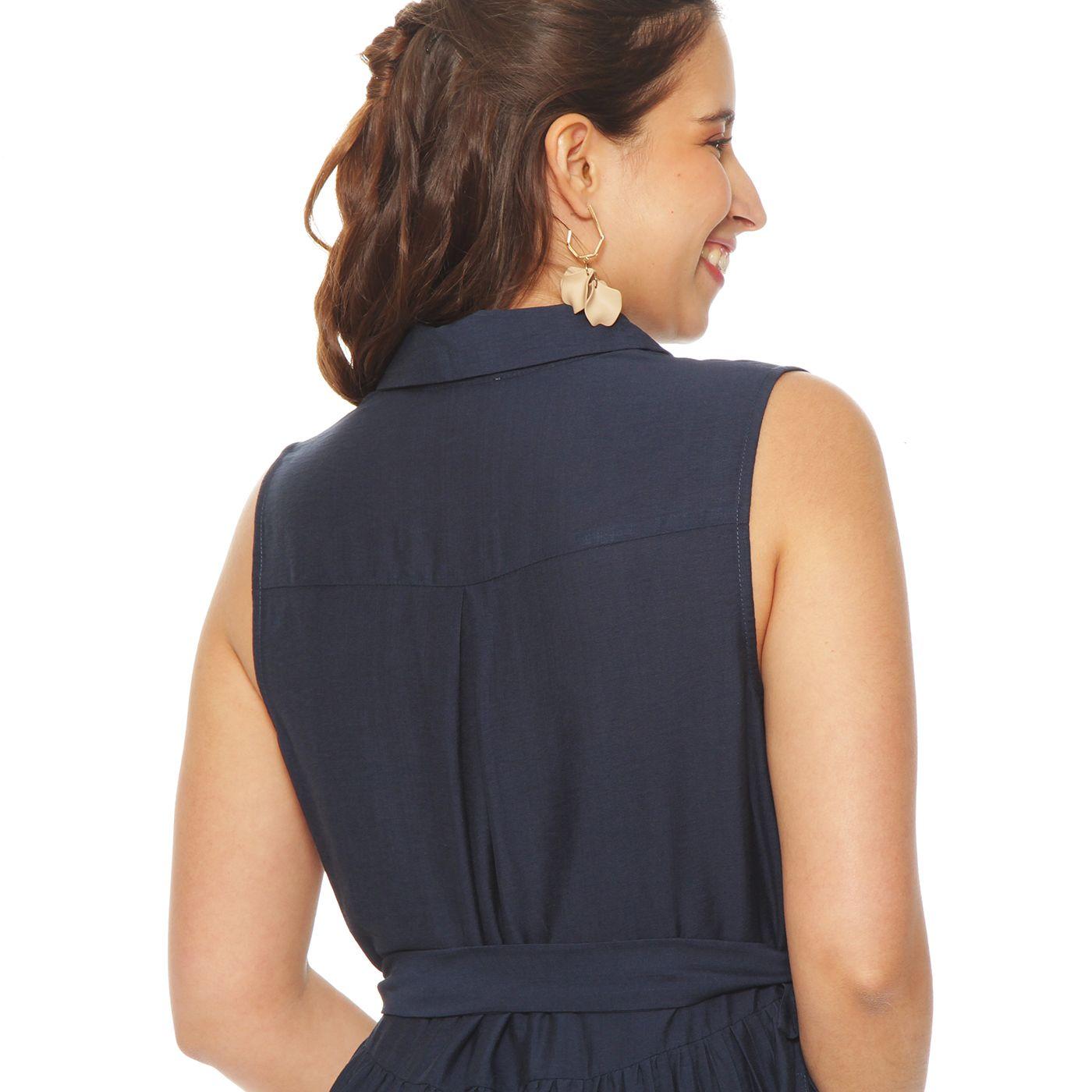 Vestido Sin Manga Abotonado En Delantero Con Lazo En Cintura-7