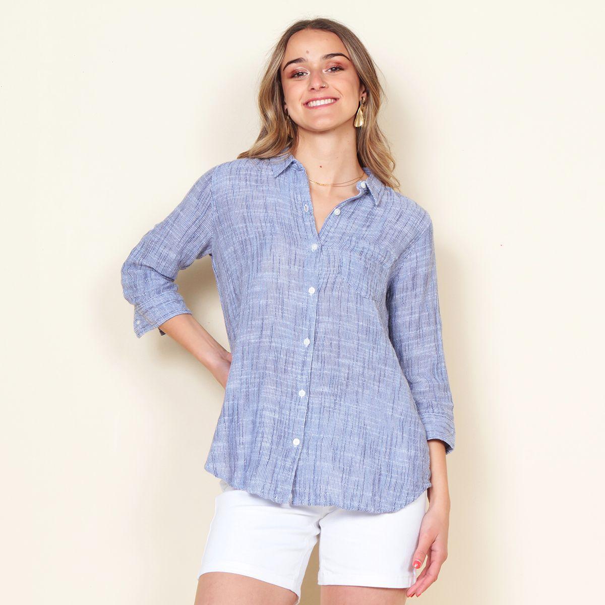 Blusa Manga Larga Listada Abotonada En Delantero Y Bolsillo-0