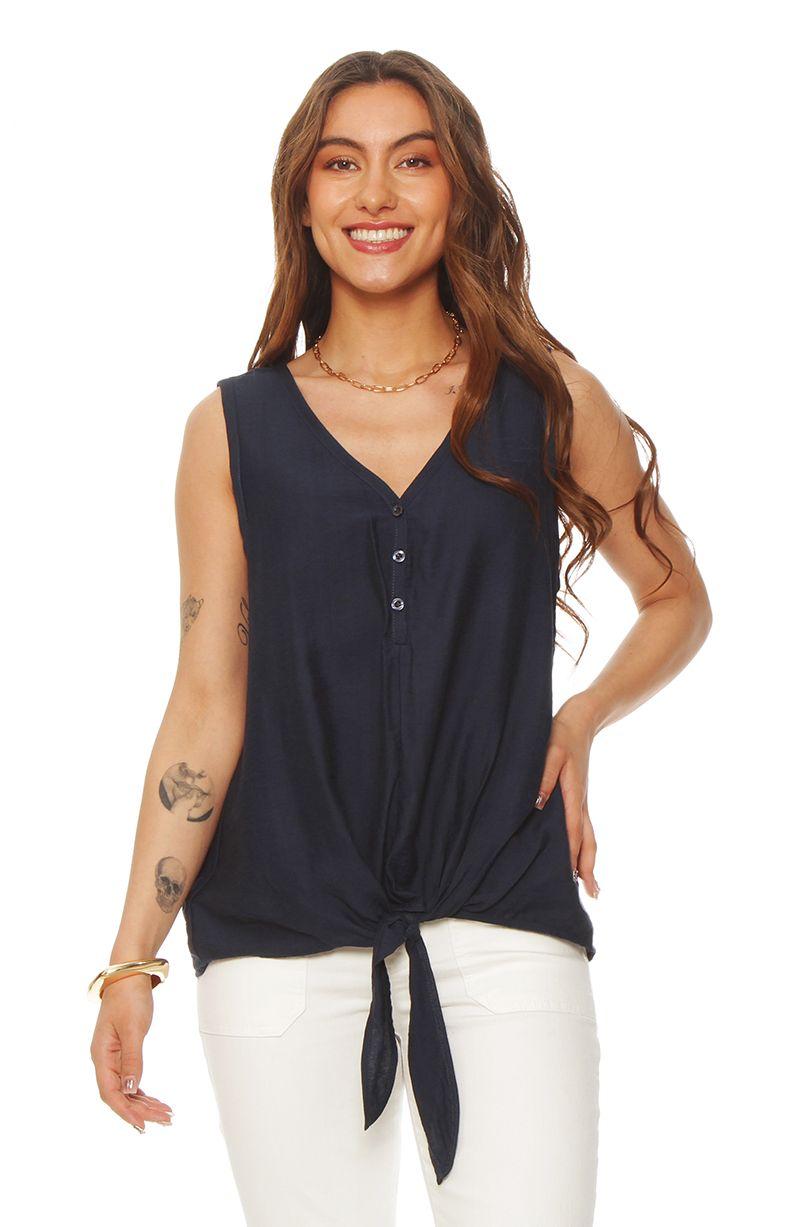 Blusa Sin Manga Abotonada En Delantero Escote V Y Nudo En  Ruedo-0