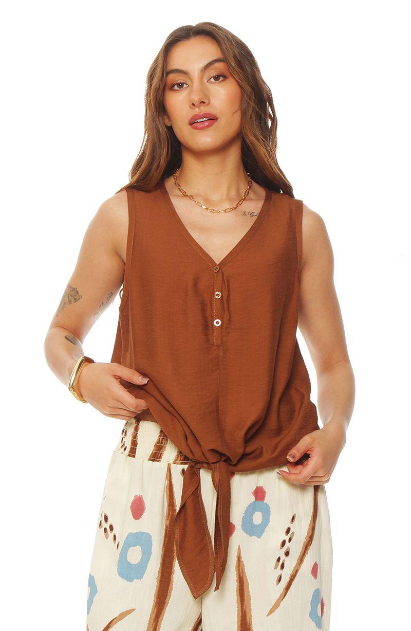 Blusa Sin Manga Abotonada En Delantero Escote V Y Nudo En  Ruedo-0