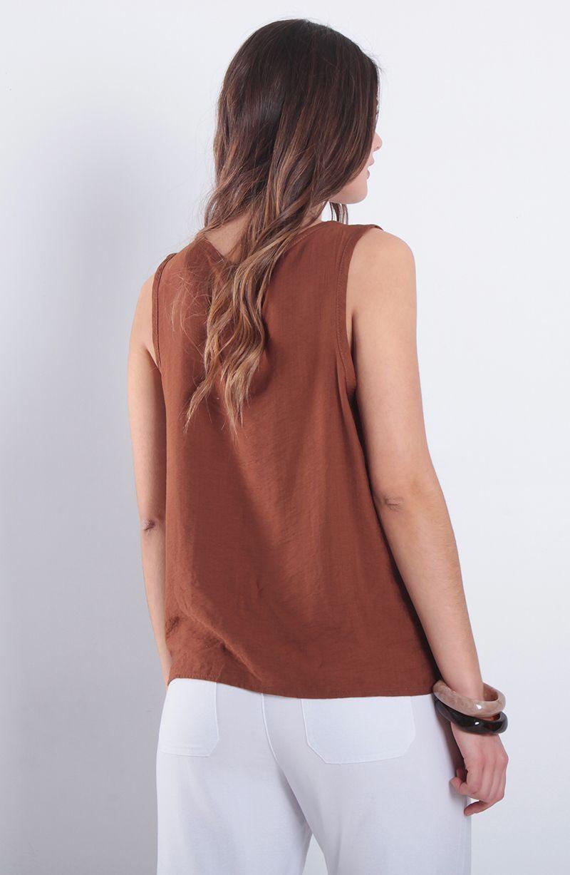 Blusa Sin Manga Abotonada En Delantero Escote V Y Nudo En  Ruedo-1