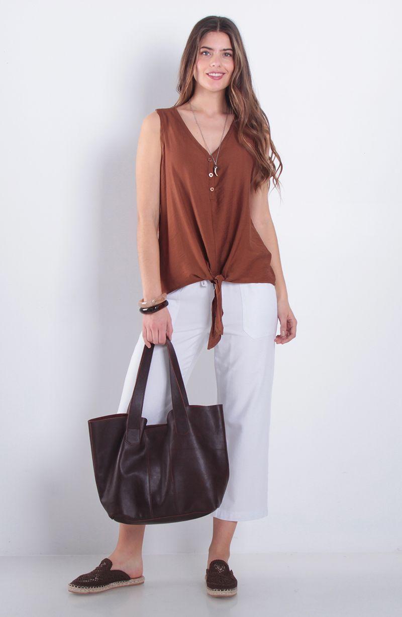 Blusa Sin Manga Abotonada En Delantero Escote V Y Nudo En  Ruedo-4
