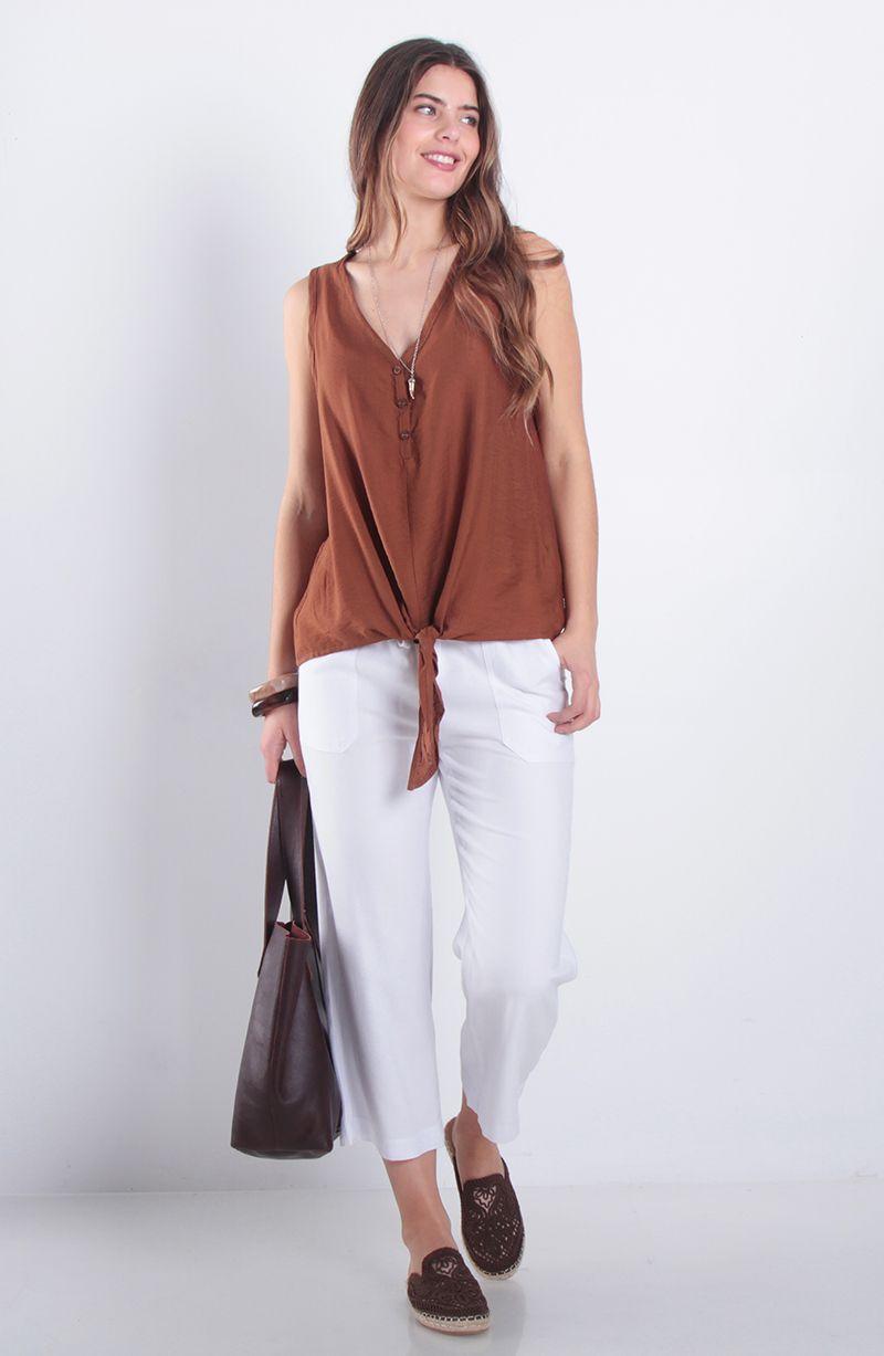 Blusa Sin Manga Abotonada En Delantero Escote V Y Nudo En  Ruedo-5